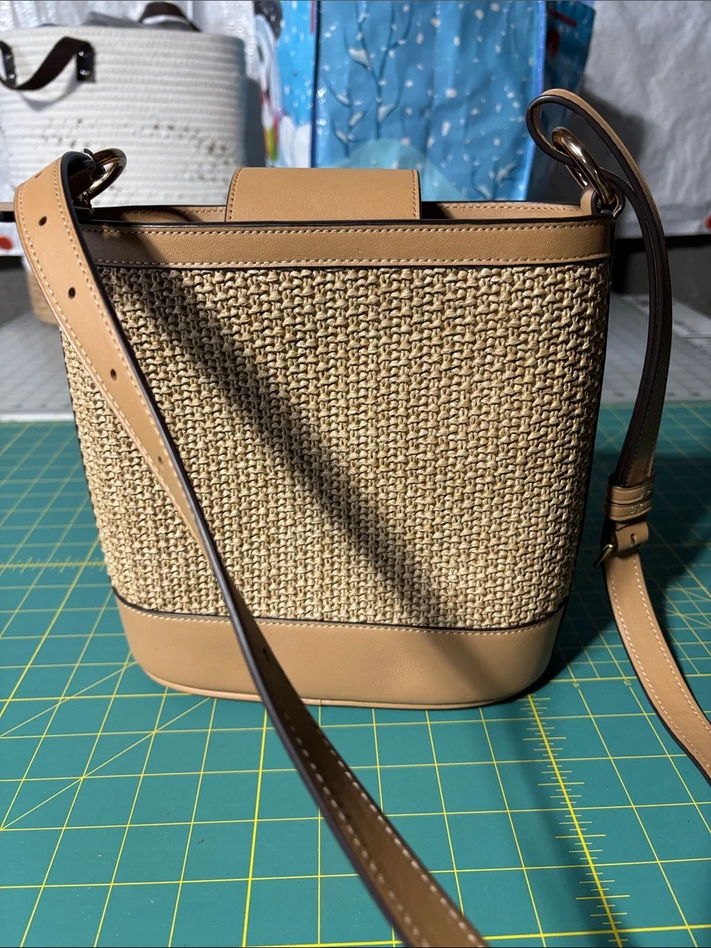 Coach Tan Straw-Trim Bucket Crossbody Bag